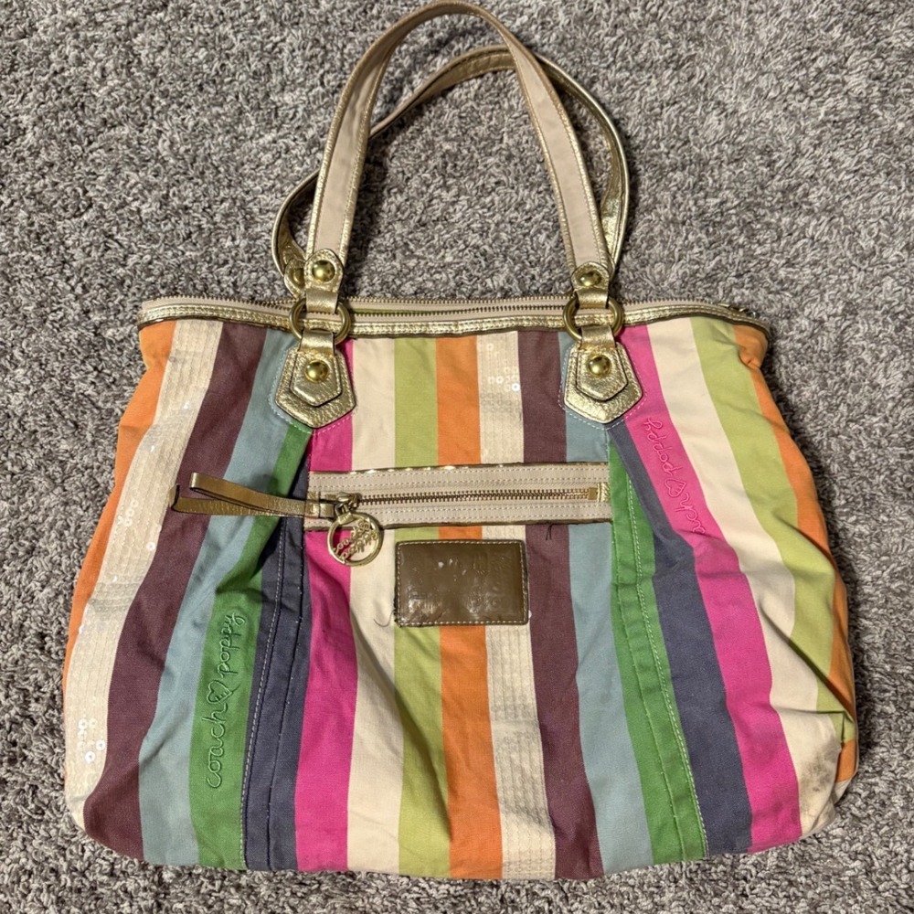 Coach Poppy Multi Color Striped Canvas Tote Bag Metallic Gold Trim Sequins